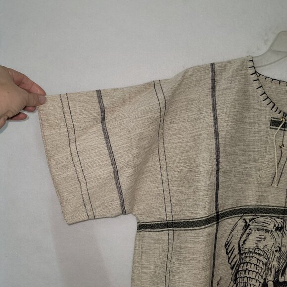 African Elephant Printed Kikoy Shirt Adult XL Beige Uganda Woven Hemp Pockets - Picture 3 of 12